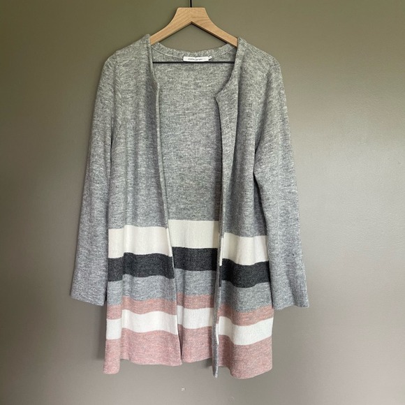 Stitches & Stripes Elaine Open Cardigan Size Large Grey Cream Pink Long Sweater‎ - Picture 2 of 16